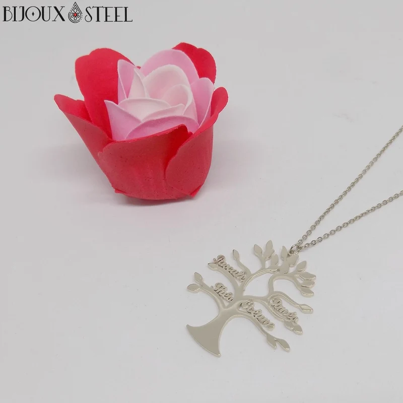 Collier arbre généalogique personnalisé en acier inoxydable