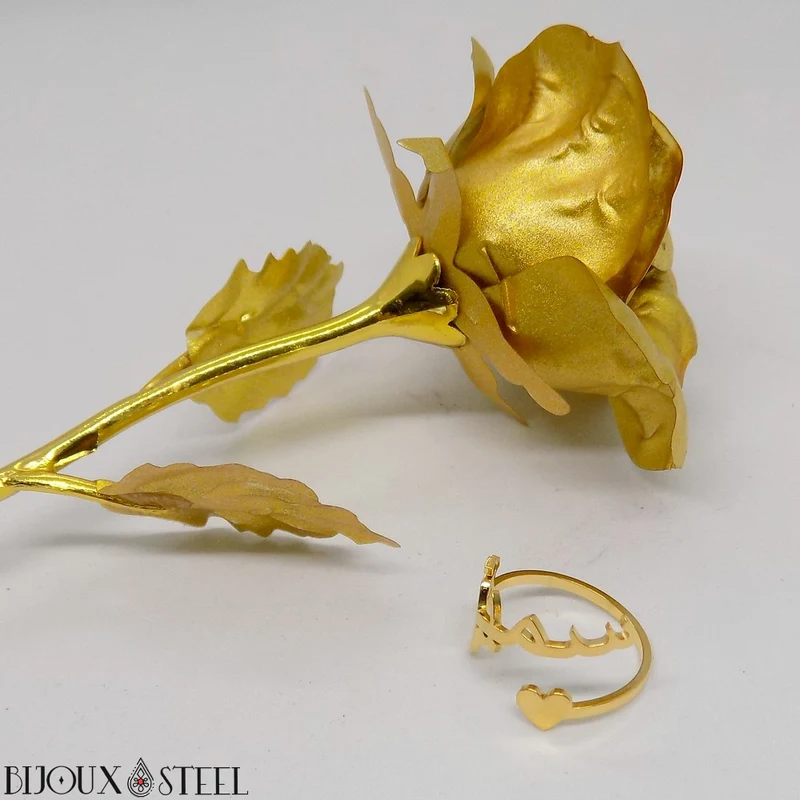 Bague personnalisée à prénom arabe et coeur en acier inoxydable