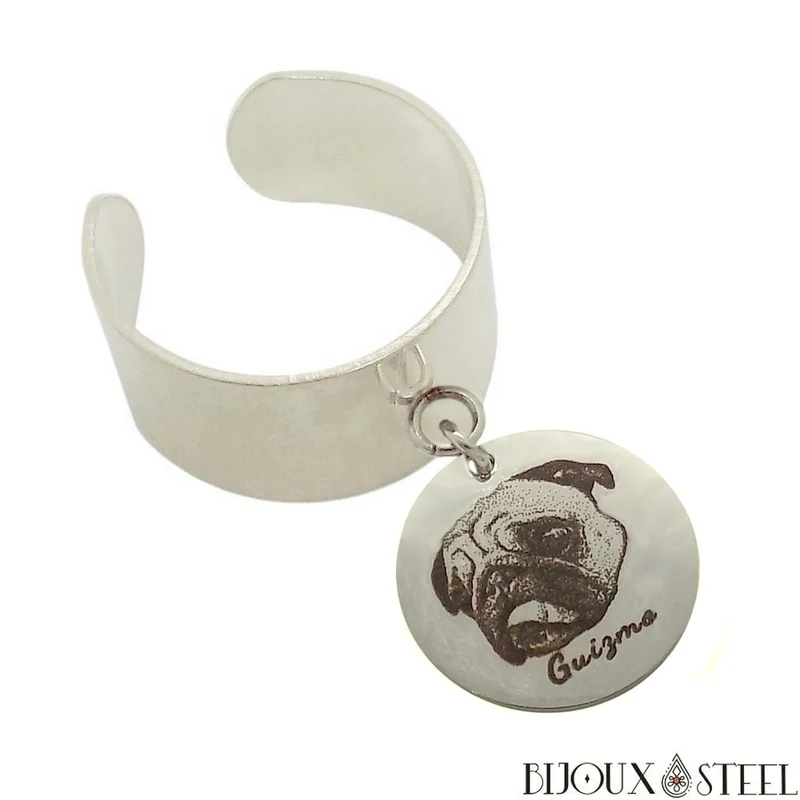 Bague large ajustable à médaille animal personnalisée en acier inoxydable