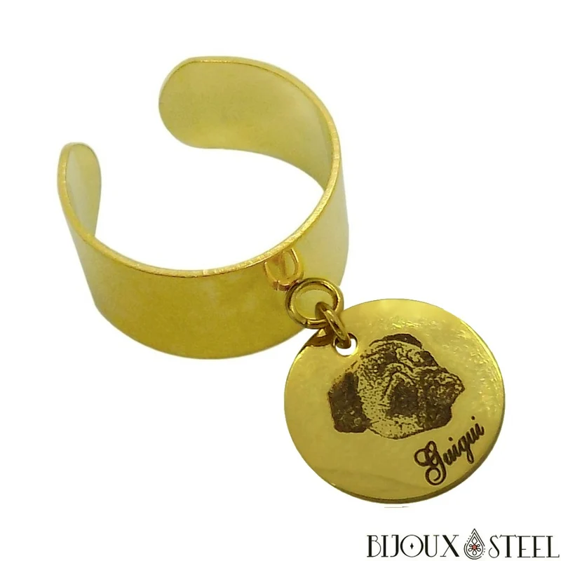 Bague large ajustable à médaille animal personnalisée en acier inoxydable