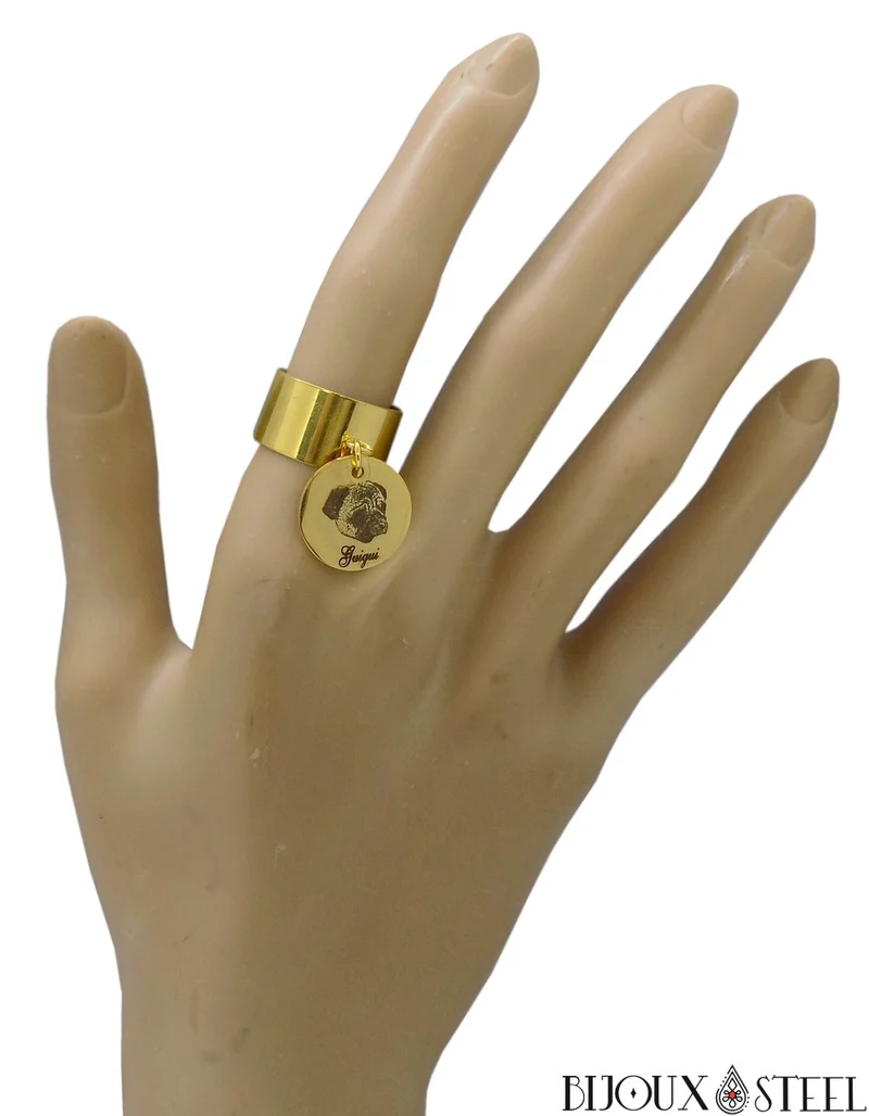 Bague large ajustable à médaille animal personnalisée en acier inoxydable