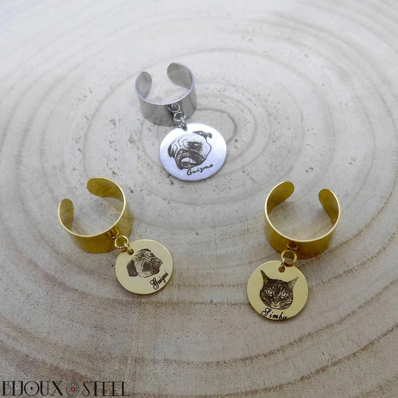 Bague large ajustable à médaille animal personnalisée en acier inoxydable