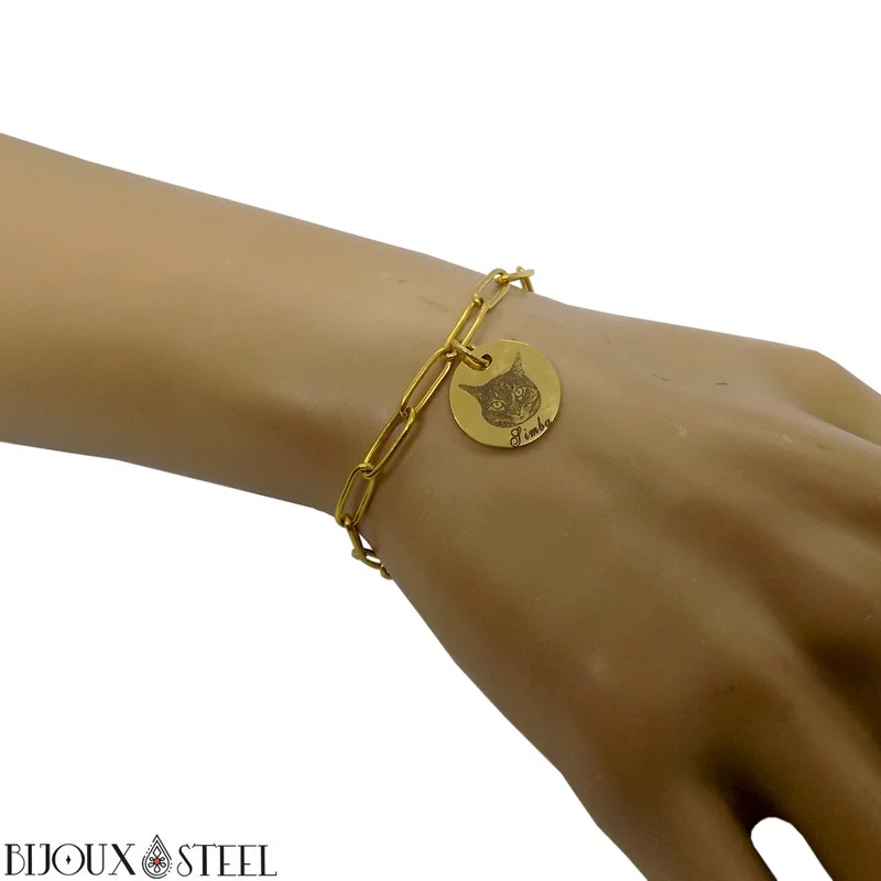 Bracelet trombone médaille personnalisée photo animal en acier inoxydable