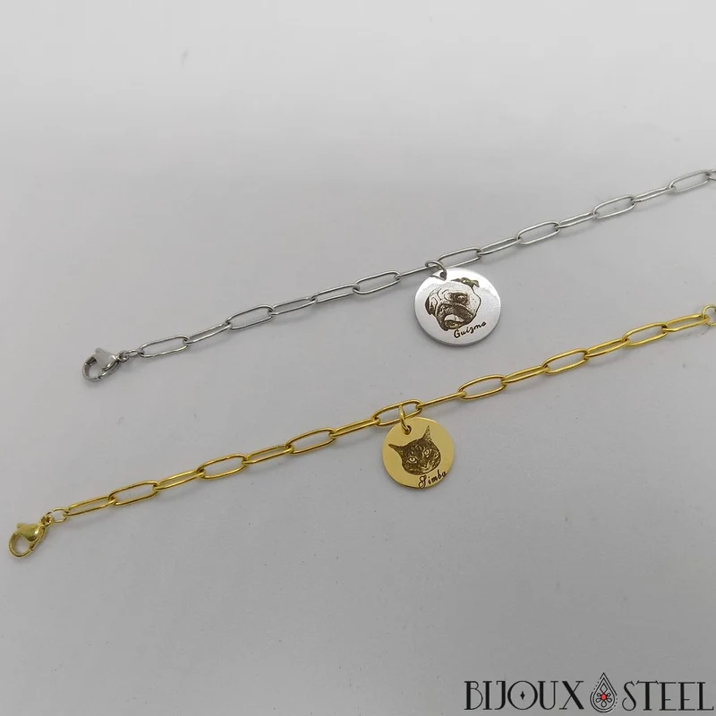 Bracelet trombone médaille personnalisée photo animal en acier inoxydable
