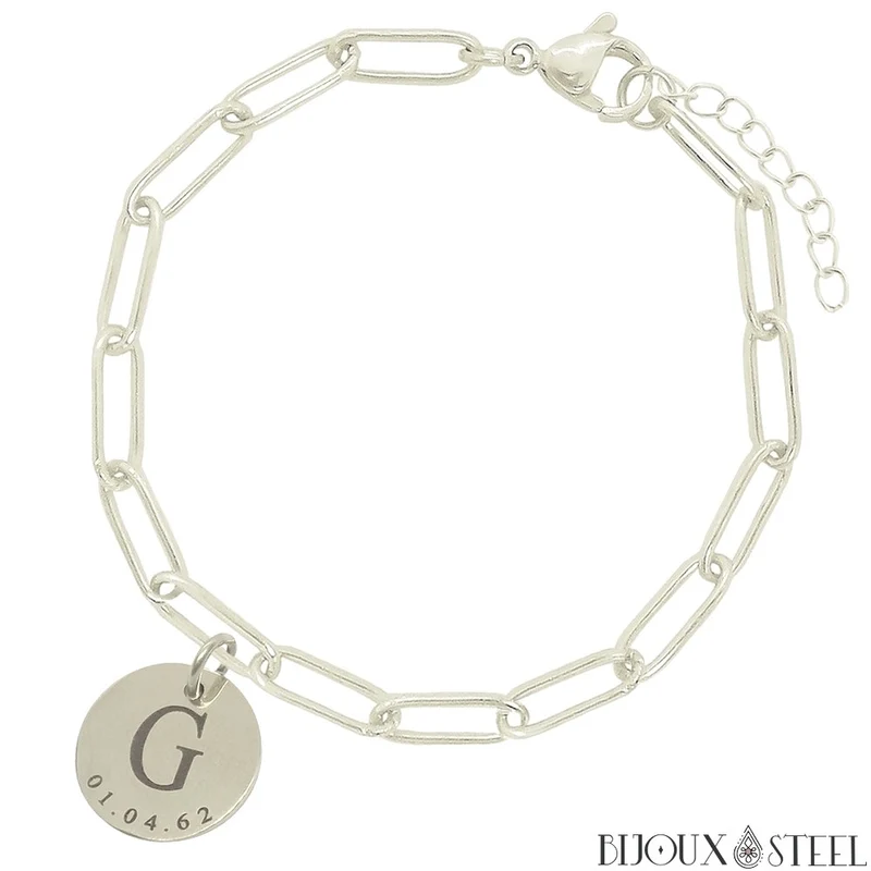 Bracelet trombone médaille personnalisée lettre et date en acier inoxydable