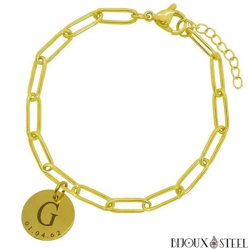Bracelet trombone médaille personnalisée lettre et date en acier inoxydable