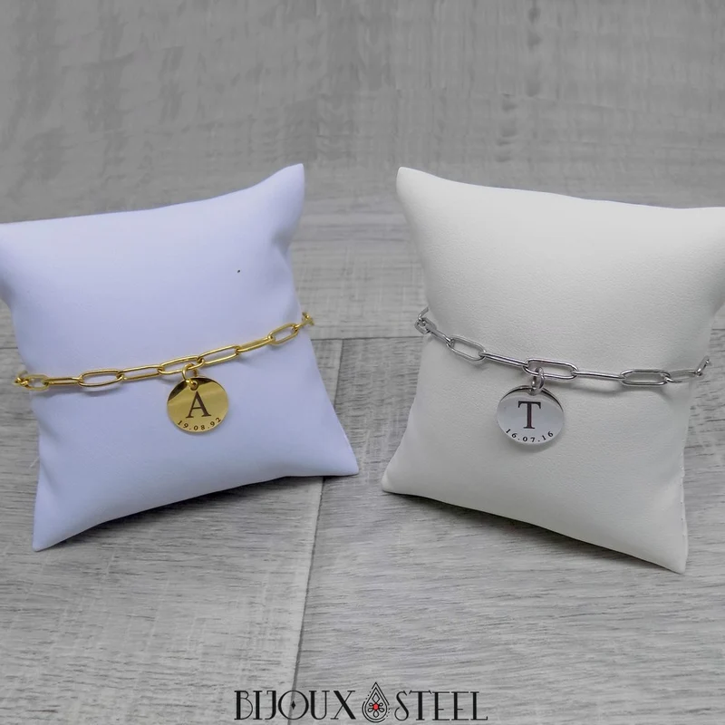 Bracelet trombone médaille personnalisée lettre et date en acier inoxydable