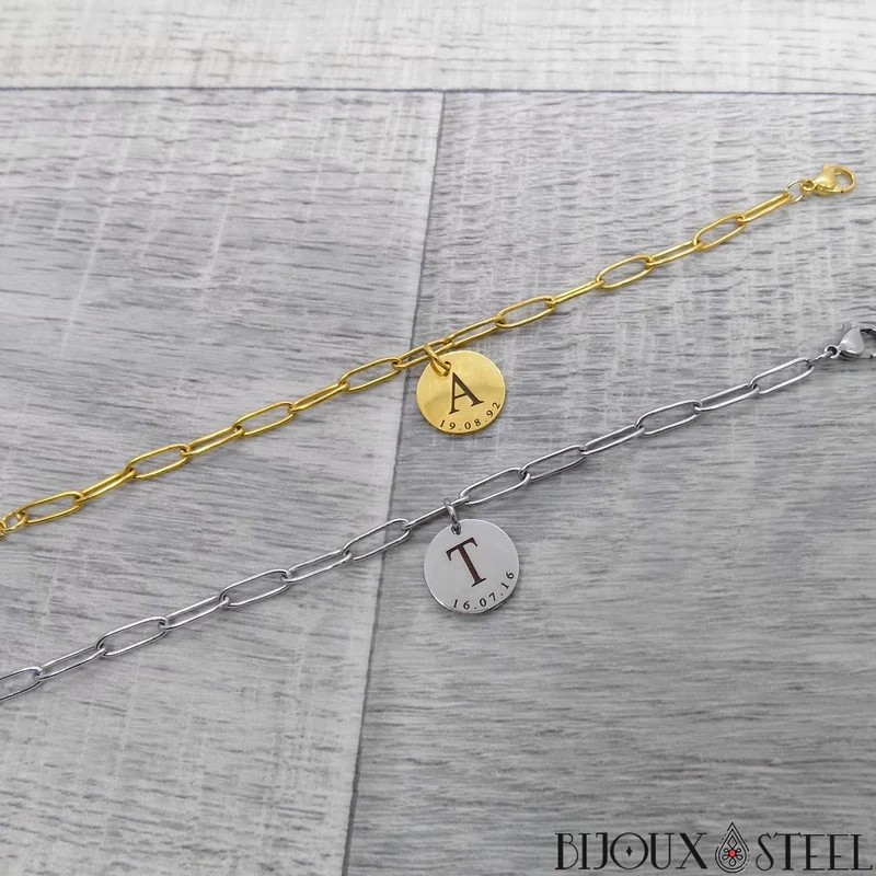 Bracelet trombone médaille personnalisée lettre et date en acier inoxydable