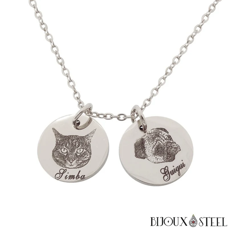 Collier médaille personnalisée gravure photo animal en acier inoxydable