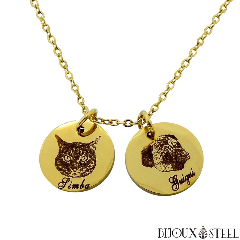 Collier médaille personnalisée gravure photo animal en acier inoxydable