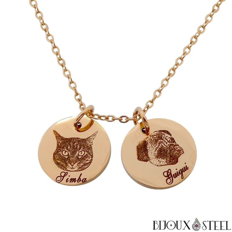 Collier médaille personnalisée gravure photo animal en acier inoxydable