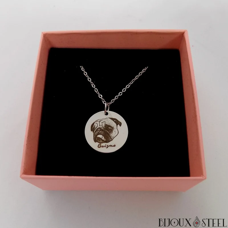 Collier médaille personnalisée gravure photo animal en acier inoxydable