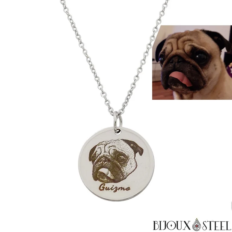 Collier médaille personnalisée gravure photo animal en acier inoxydable