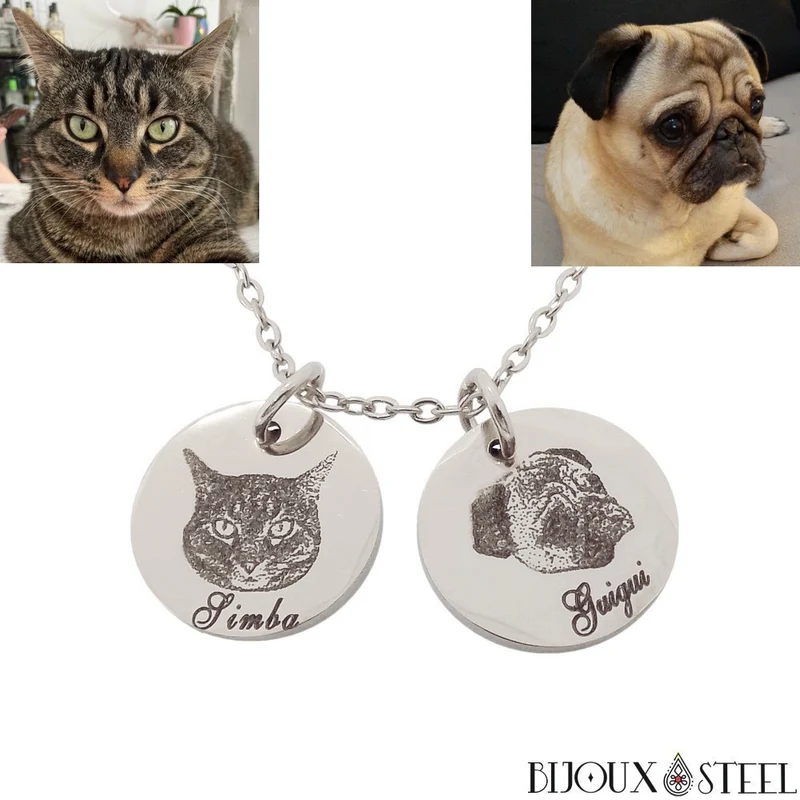 Collier médaille personnalisée gravure photo animal en acier inoxydable