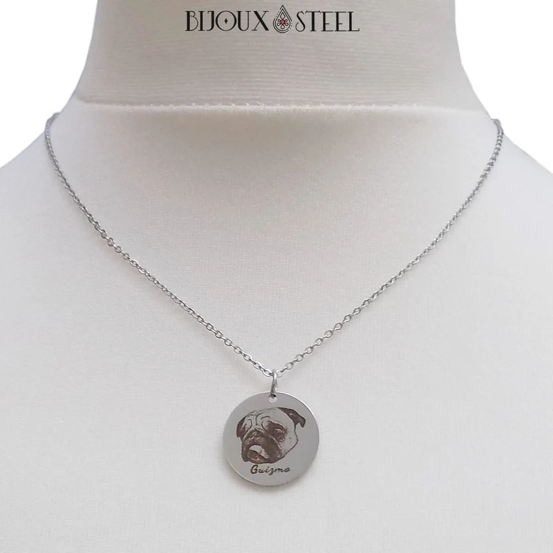 Collier médaille personnalisée gravure photo animal en acier inoxydable