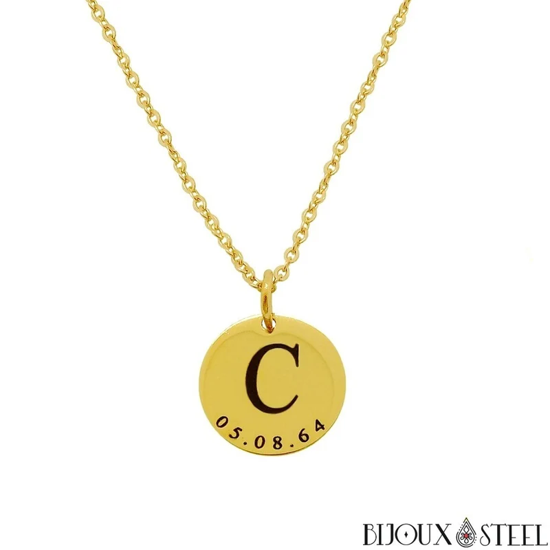 Collier médaille personnalisée initiale et date en acier inoxydable