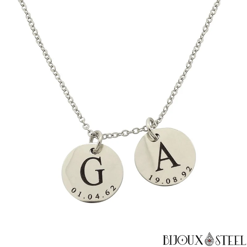 Collier médaille personnalisée initiale et date en acier inoxydable