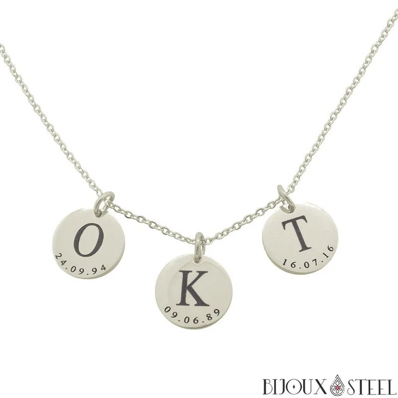 Collier médaille personnalisée initiale et date en acier inoxydable