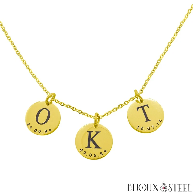 Collier médaille personnalisée initiale et date en acier inoxydable