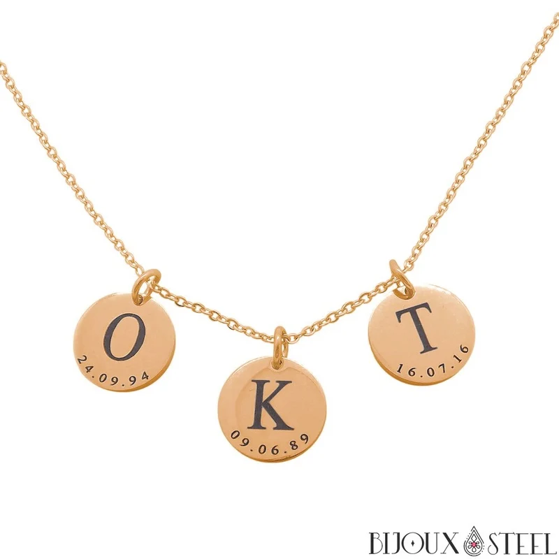 Collier médaille personnalisée initiale et date en acier inoxydable