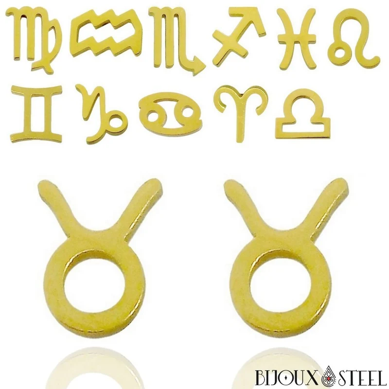 Boucles d'oreilles signes du zodiaque dorés en acier inoxydable