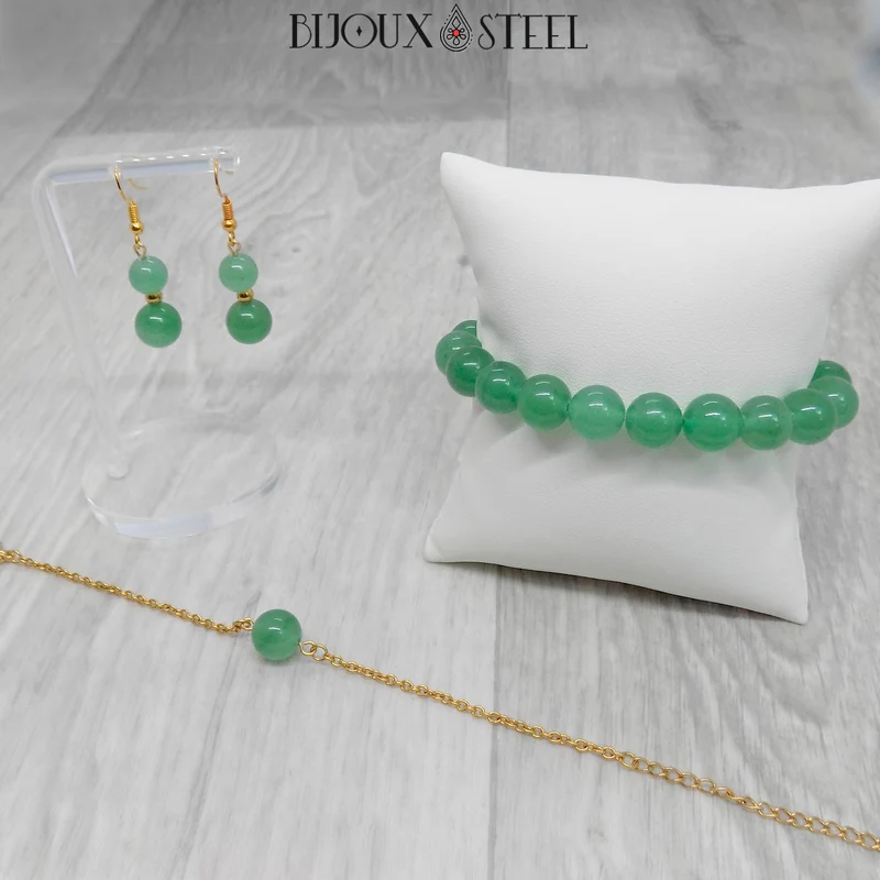 Bracelet à perle d'aventurine verte en acier inoxydable