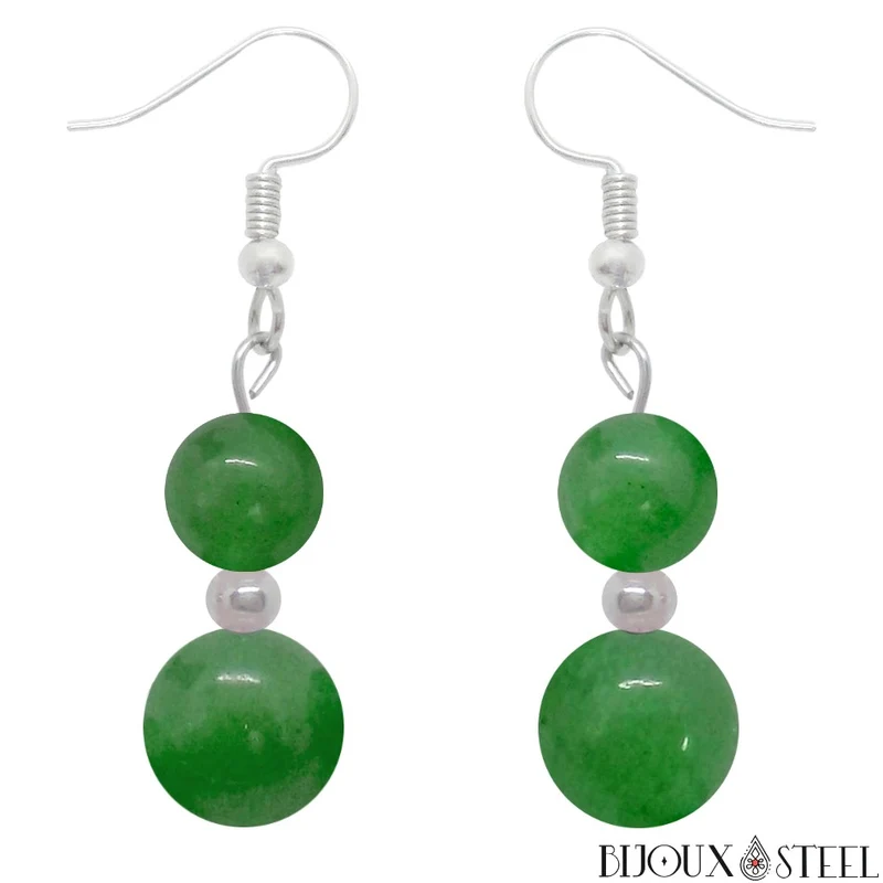 Boucles d'oreilles pendantes doubles perles d'aventurine verte