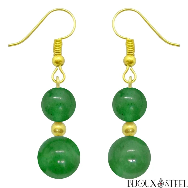 Boucles d'oreilles pendantes doubles perles d'aventurine verte