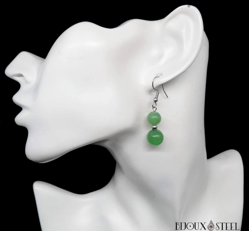 Boucles d'oreilles pendantes doubles perles d'aventurine verte