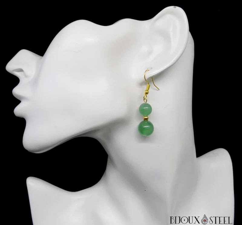 Boucles d'oreilles pendantes doubles perles d'aventurine verte