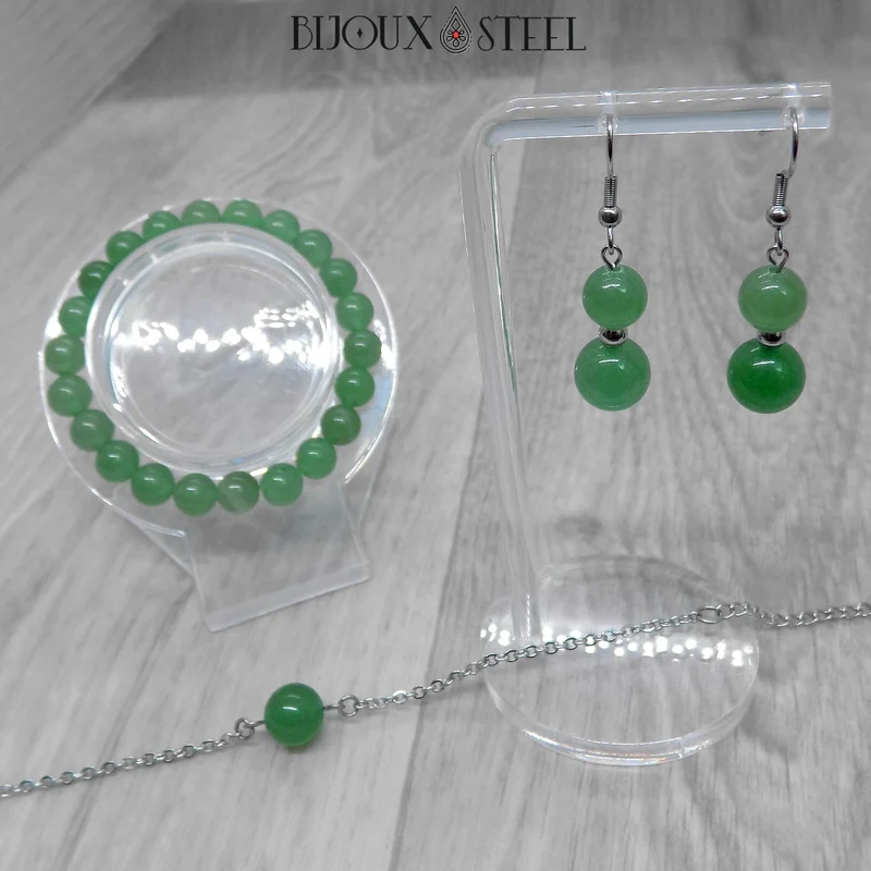Boucles d'oreilles pendantes doubles perles d'aventurine verte