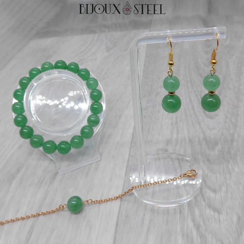 Boucles d'oreilles pendantes doubles perles d'aventurine verte