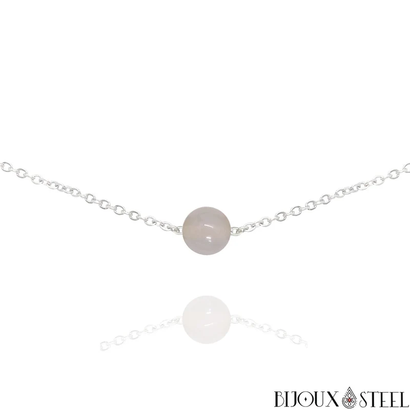 Collier à perle d'agate grise en acier inoxydable