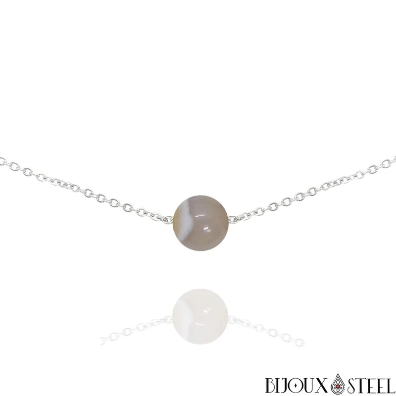 Collier à perle d'agate grise en acier inoxydable
