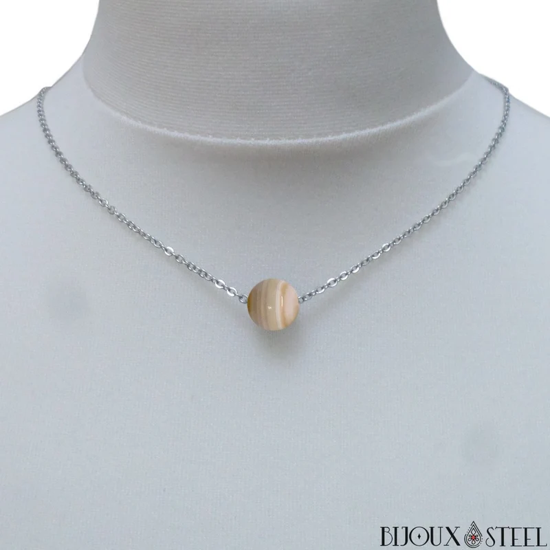 Collier à perle d'agate grise en acier inoxydable