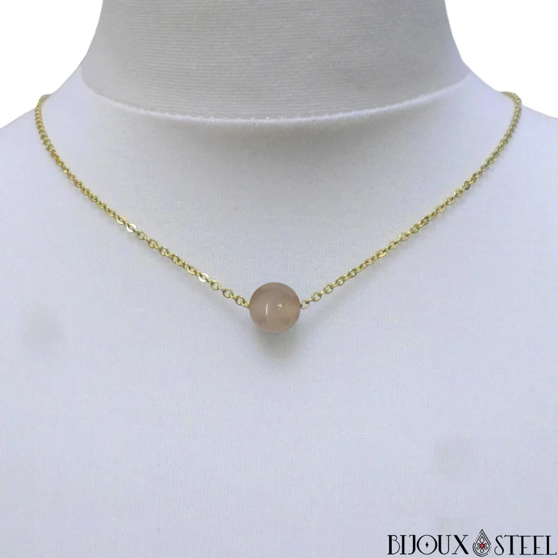 Collier à perle d'agate grise en acier inoxydable