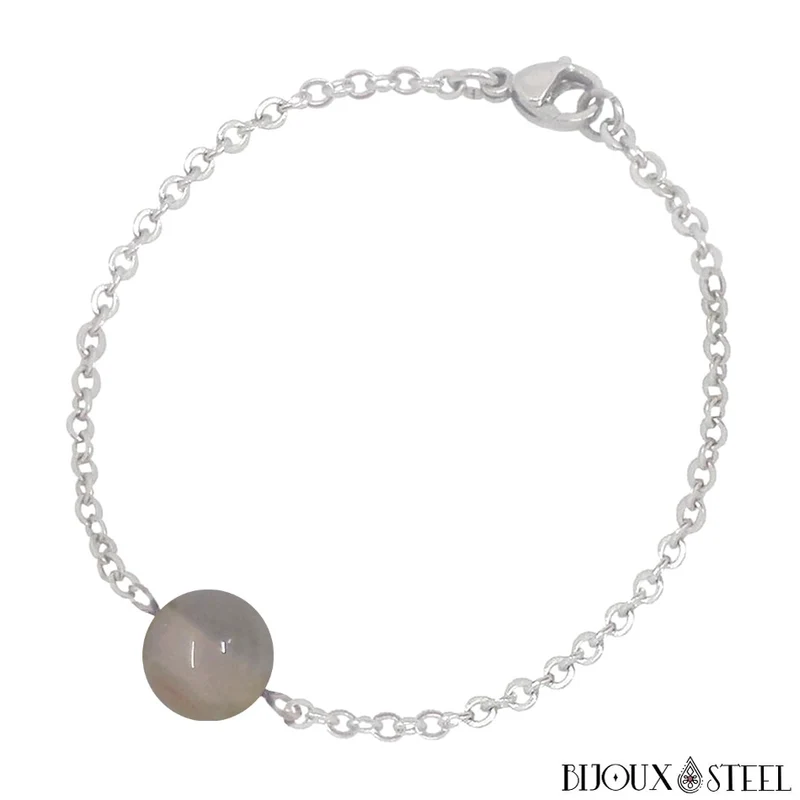 Bracelet à perle d'agate grise en acier inoxydable