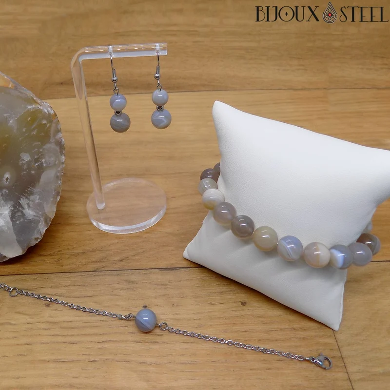 Bracelet à perle d'agate grise en acier inoxydable