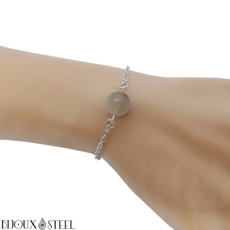 Bracelet à perle d'agate grise en acier inoxydable