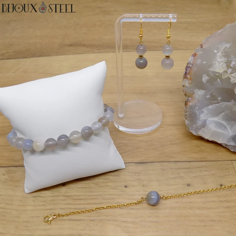 Bracelet à perle d'agate grise en acier inoxydable