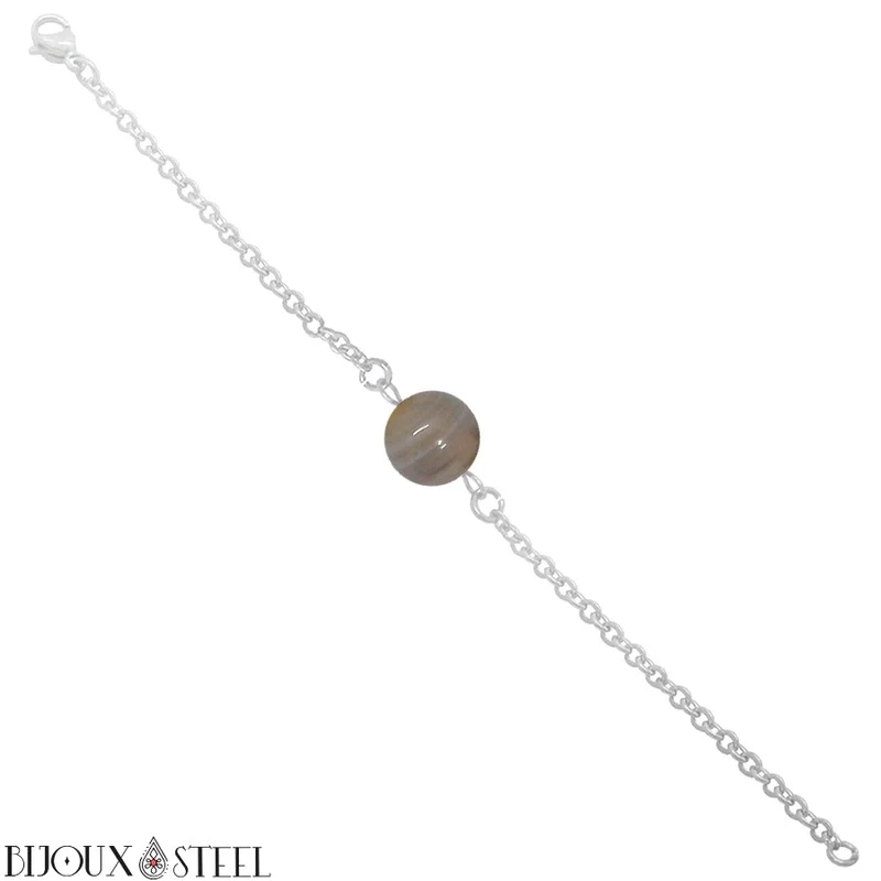 Bracelet à perle d'agate grise en acier inoxydable
