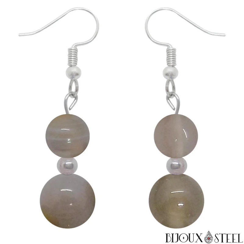 Boucles d'oreilles pendantes doubles perles d'agate grise