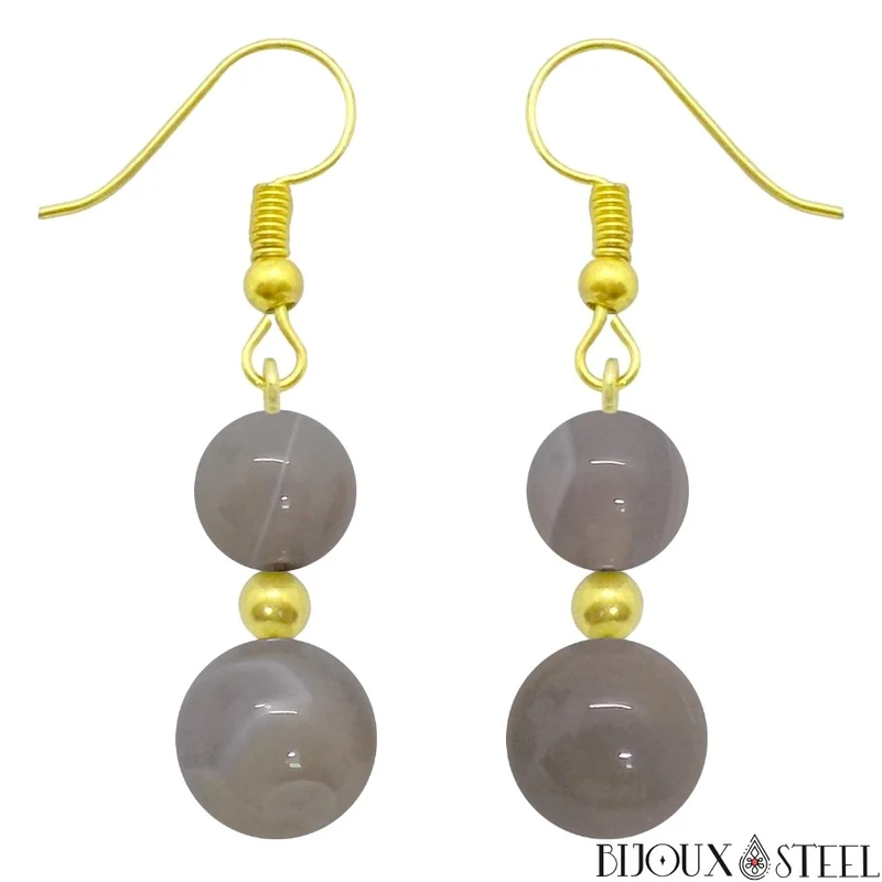 Boucles d'oreilles pendantes doubles perles d'agate grise