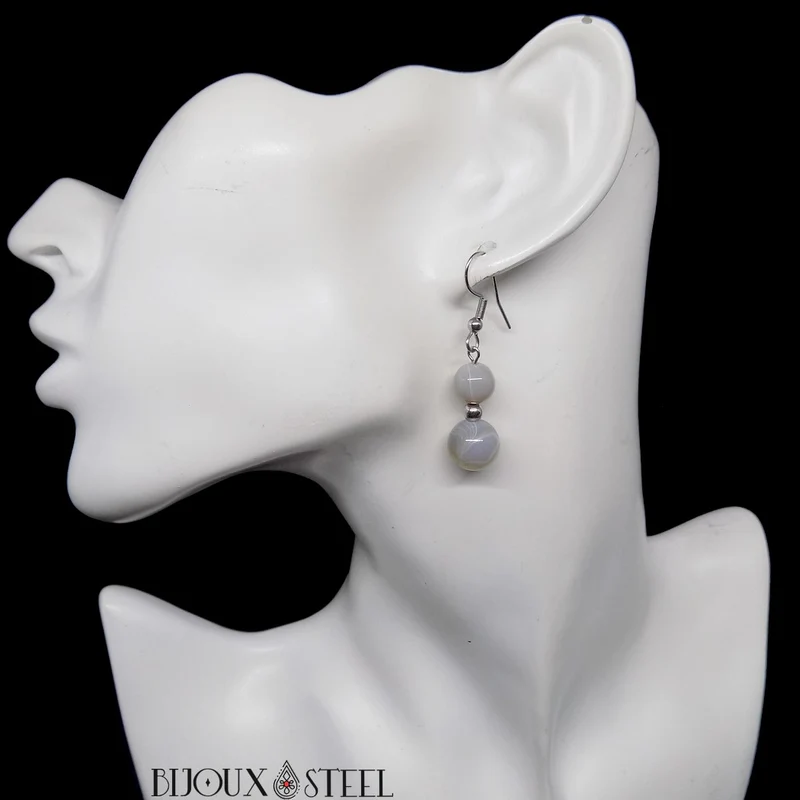 Boucles d'oreilles pendantes doubles perles d'agate grise