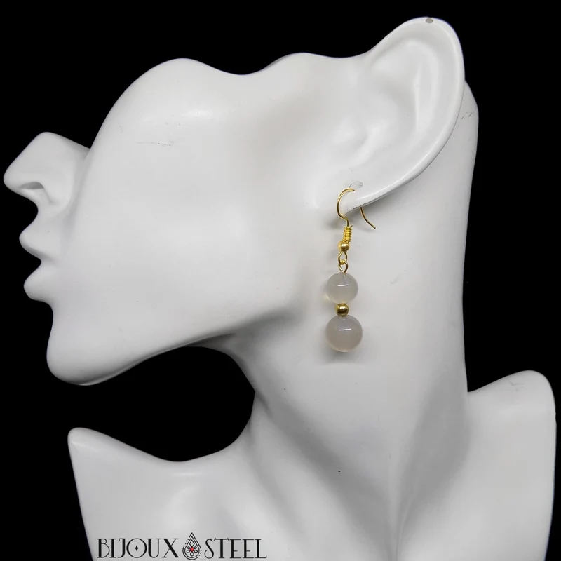 Boucles d'oreilles pendantes doubles perles d'agate grise