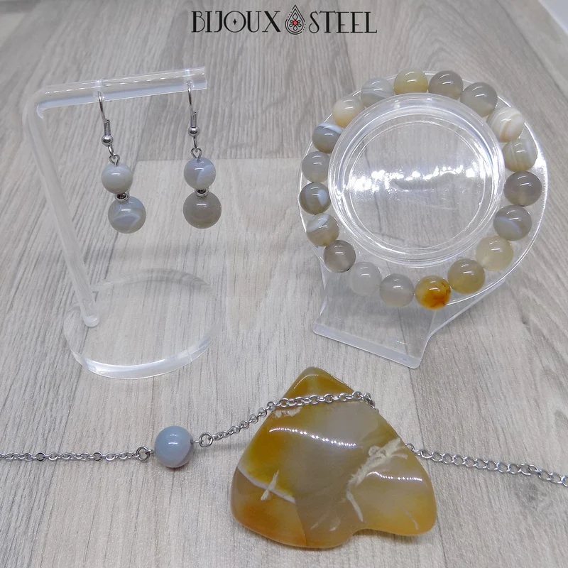 Boucles d'oreilles pendantes doubles perles d'agate grise