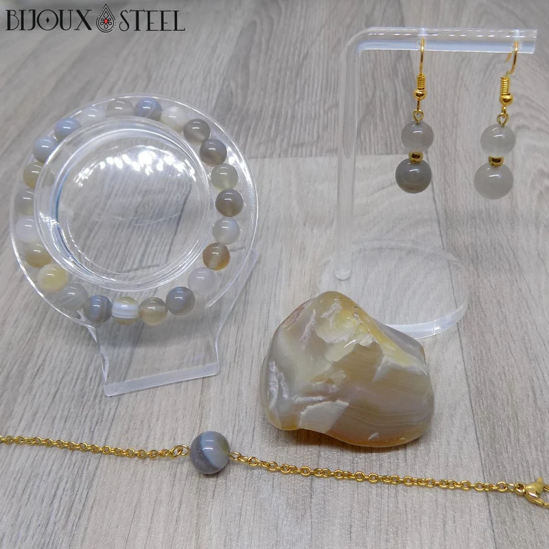 Boucles d'oreilles pendantes doubles perles d'agate grise