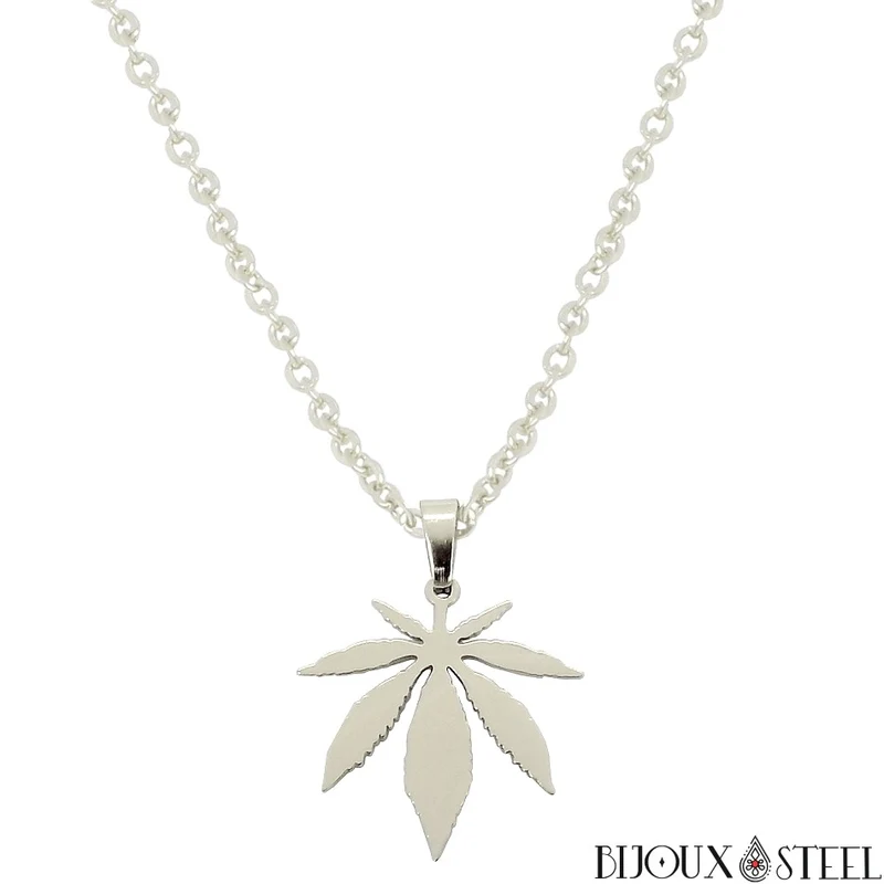 Collier à pendentif feuille de cannabis en acier inoxydable