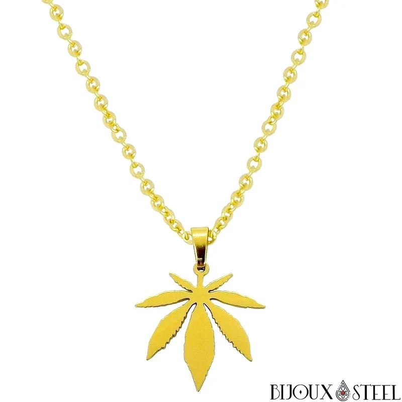 Collier à pendentif feuille de cannabis en acier inoxydable