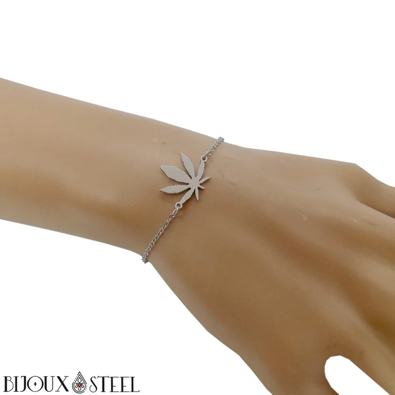 Bracelet feuille de cannabis en acier inoxydable